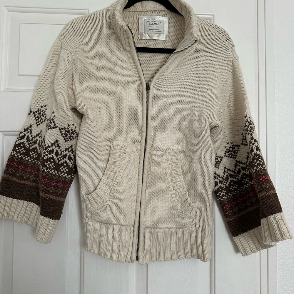 Old Navy Cream Zip-Front Knit Cardigan with Brown & Pink Accents